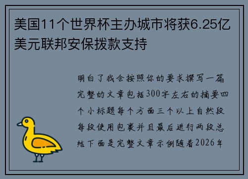 美国11个世界杯主办城市将获6.25亿美元联邦安保拨款支持